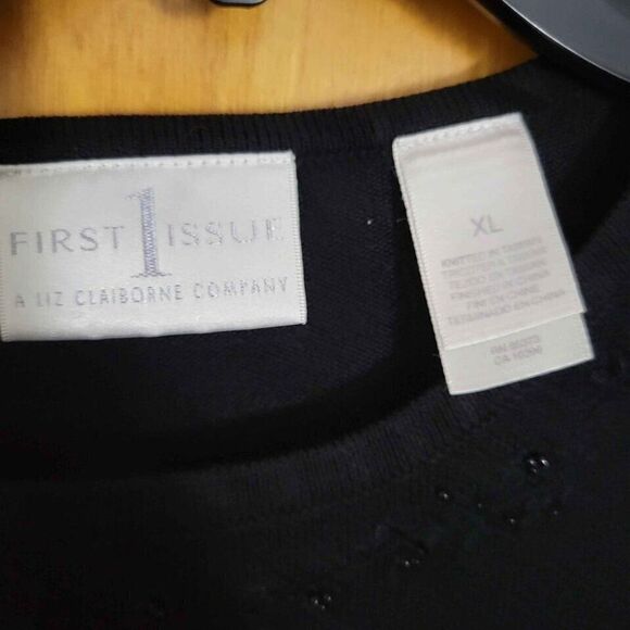 Liz Claiborne XL Knit Sweater Black beaded neck First Issue Acrylic knit 3/4 slv - Picture 10 of 12